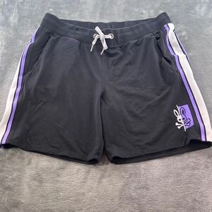 Psycho Bunny Mens Black Sweat Shorts Purple Side Stripe Logo XL